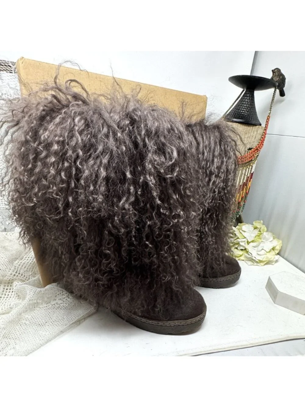 Bearpaw Boetis II Black Curly Lamb Fur Sheepskin Lined Mongolian Boots 6 Box